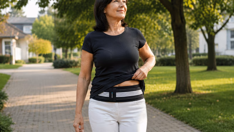Nahaufnahme eines schwarzen orthopädischen Rückengürtels mit verstellbaren Klettverschlüssen.